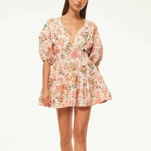 MISA Los Angeles Eight Dress Persimmon Crinkle Smocked Puff Sleeve SZ M